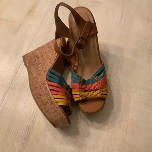 etc! cork wedges. teal, coral, yellow. size 8/9